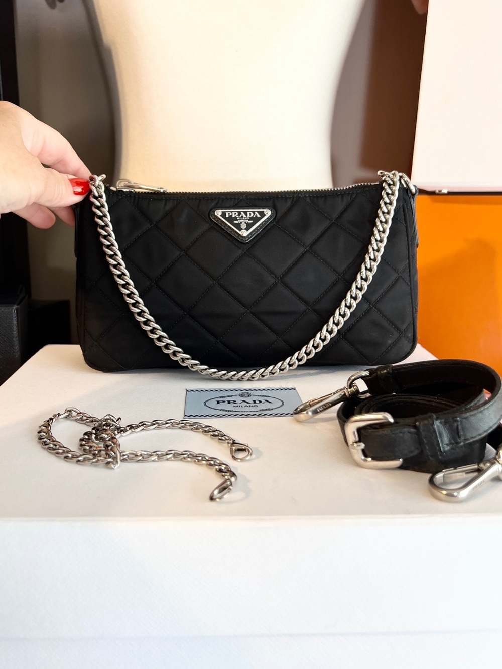 PRADA!! Authentic Prada bag! Black Quilted Nylon Bag with Silver Chain! Offers! - Picture 12 of 16